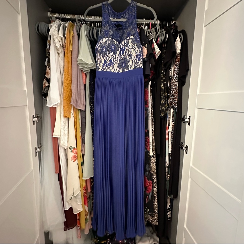 Royal Blue Lace Pleated Wedding Guest Maxi Dress